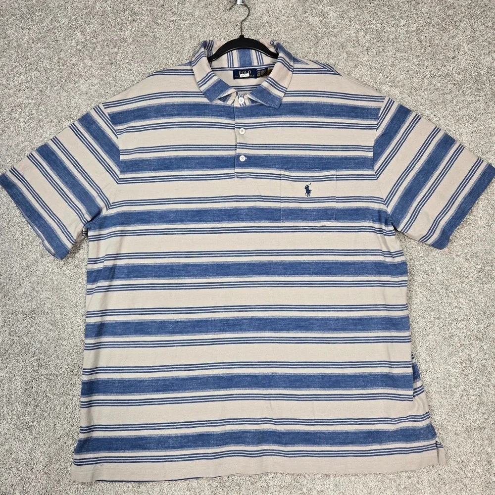 Polo Ralph Lauren Polo Shirt Men 2XL Mesh Pocket blue beige striped